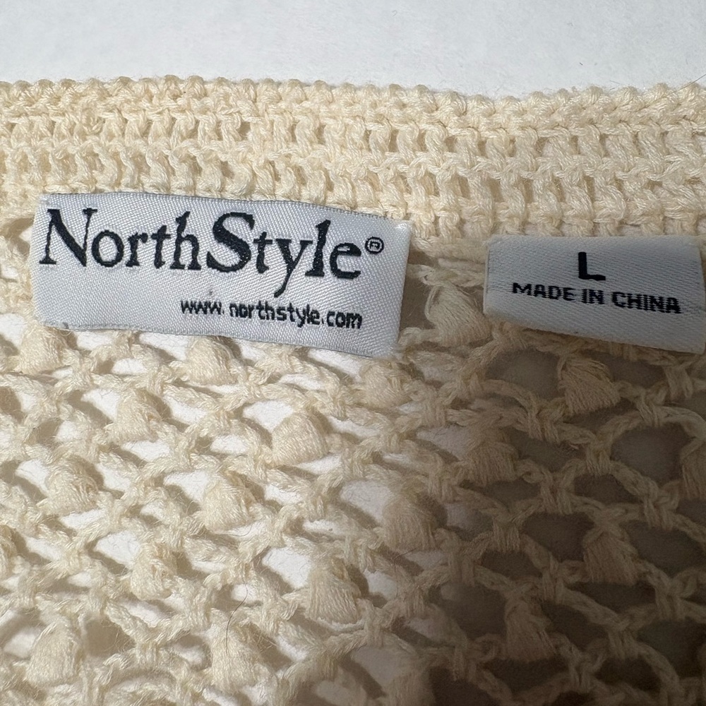 NorthStyle Cream‎ Crochet Open Knit Coastal Boho Cardigan Scalloped Edges Beaded - Picture 10 of 16